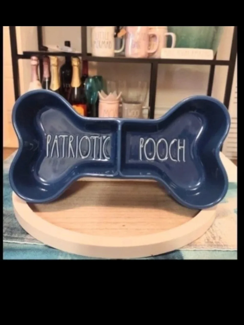 Rae Dunn Patriotic Pooch Blue Bone-Shaped Double Dog Bowl